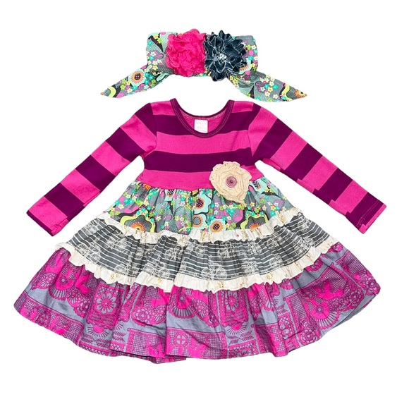2T Giggle Moon Eternal Bliss Twirl Ruffle Ling Sleeve Fall Dress & Headband Set - Picture 1 of 10